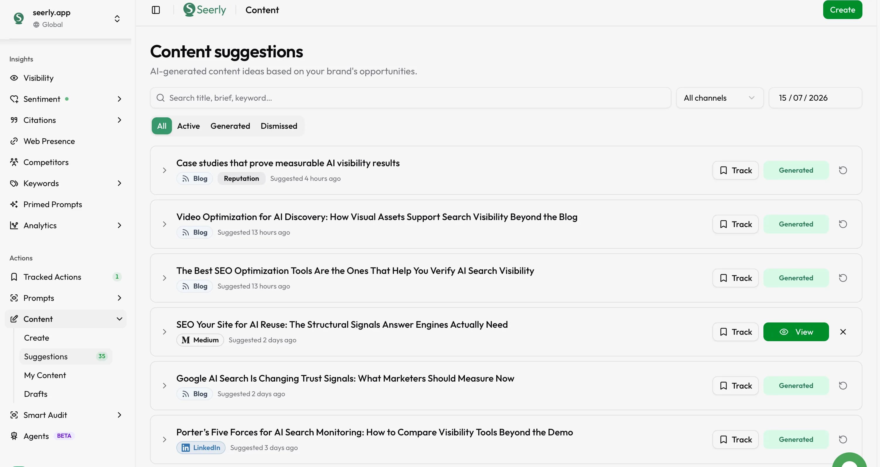 Seerly content suggestions queue showing AI-generated article ideas per channel with track, generate, and view actions